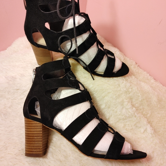 Marc Fisher black leather suede sandal heels back zip front lace up sz 7.5 - Picture 4 of 11